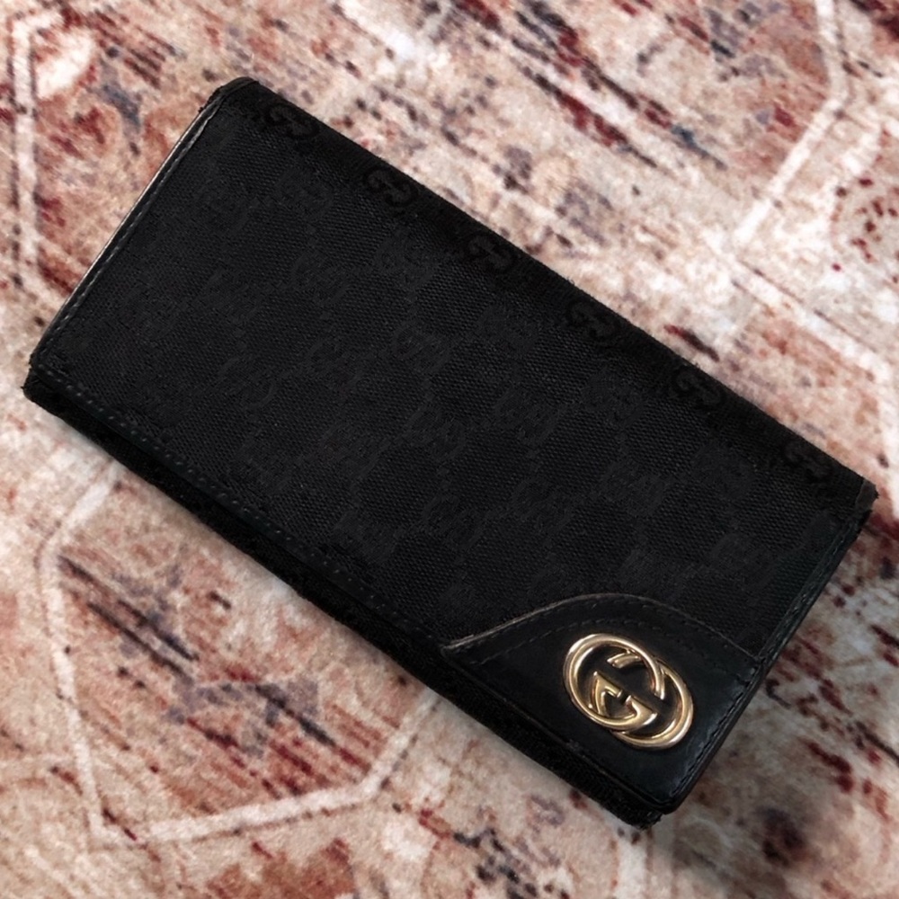 Gucci AUTHENTIC Black Canvas GG Monogram Interlocking G Logo Flap Long Wallet